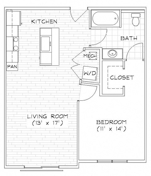 Floor plan for 1 bed, 1 bath, 701 sqft